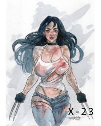 1girls areola_slip areolae big_breasts black_hair breasts cleavage female female_only huge_breasts marvel nipples_visible_through_clothing red_eyes solo tamiegadelha torn_clothes traditional_media_(artwork) x-23 x-men