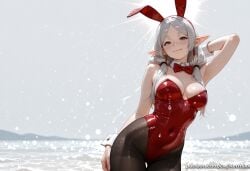 1girl :q ai_generated animal_ears arm_up bangs bare_shoulders black_pantyhose blush bow bowtie breasts cleavage closed_mouth covered_navel cowboy_shot detached_collar earrings elf fake_animal_ears frieren frieren_beyond_journey's_end green_eyes grey_hair hair_over_shoulder hairband highleg highleg_leotard jewelry kermixx large_breasts leotard licking_lips long_hair looking_at_viewer low_twintails pantyhose parted_bangs playboy_bunny pointy_ears rabbit_ears red_bow red_bowtie red_leotard simple_background smile solo strapless strapless_leotard thigh_gap tongue tongue_out twintails white_background wrist_cuffs