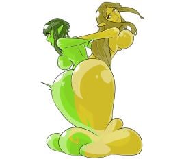 2girls ass green_skin idolmonkeh large_breasts pointy_ears slime_girl yellow_skin