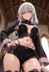 1girl ahoge ai_generated bangs black_shorts blue_eyes braid breasts cameltoe closed_mouth clothing_cutout elaina_(majo_no_tabitabi) from_below hair_between_eyes hand_on_hip indoors kermixx long_hair long_sleeves looking_at_viewer majo_no_tabitabi medium_breasts navel shiny shiny_skin short_shorts shorts smile solo thighhighs thighs white_hair