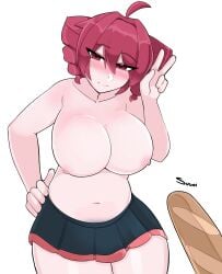 1girls areola areolae baguette blush kasane_teto peace_sign phallic_imagery phallic_symbol red_hair skirt suggestive_food sugoiiii_ thighs topless topless_female vocaloid