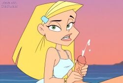 1boy 1boy1girl 1girls ai_generated braceface bracelet breasts cum day dress ejaculation erection female handjob jewelry lips looking_at_viewer male ocean outdoors parted_lips penis pov projectile_cum sharon_spitz solo_focus straight veins water