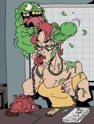 1boy 1girls 2025 2d akachime female female_focus ghost ghostbusters glasses janine_melnitz male office_lady penis red_hair secretary slime slimer
