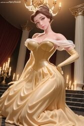 1girl ai_generated bare_shoulders beauty_and_the_beast_(1991_film) belle_(beauty_and_the_beast) breasts brown_eyes brown_hair cleavage dress earrings gloves hair_bun hand_on_hip hi_res high_quality high_resolution indoors jewelry large_breasts lips looking_at_viewer patreon seductive see-through sexy solo spicytoonai standing strapless uncensored watermark wedding_dress white_dress white_gloves