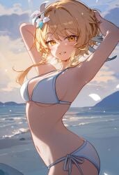 1girls 2d 2d_(artwork) ai ai_art ai_generated alternate_costume armpits arms_behind_head beach bikini bikini_bottom bikini_top blonde_hair bra clouds female female_focus female_only flower flower_in_hair genshin_impact high_resolution highres hoyoverse light-skinned_female light_skin looking_at_viewer lumine_(genshin_impact) medium_breasts mihoyo mihoyo_technology_(shanghai)_co._ltd. ocean outdoors sexy sexy_pose short_hair side_view sky slim_girl smiling smiling_at_viewer solo solo_female solo_focus standing summer swimsuit thong_bikini two_piece_swimsuit visible_breath water white_bikini white_bikini_bottom white_bikini_top white_flower white_swimsuit yellow_eyes yngg224556 young younger_female