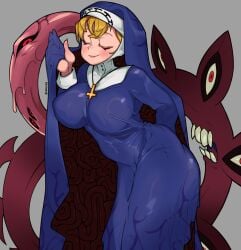 1girls big_breasts clothed double_(skullgirls) eyes_closed female nun skullgirls tagme tight_clothing waa153