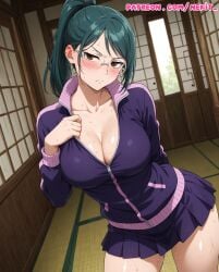 1girls ai_generated annoyed annoyed_expression arched_back arm_behind_back big_breasts blush blushing breasts breasts_focus breasts_together brown_eyes collarbone contrapposto curvy curvy_figure day female female_focus fit fit_female focus_on_breasts glasses green_hair head_tilt high_collar high_ponytail hips horny human humanoid imminent_sex indoors jacket jujutsu_kaisen light-skinned_female light_skin long_sleeves maki_zenin nekit open_clothing patreon patreon_username pleated_skirt ponytail presenting presenting_body presenting_breasts round_glasses seductive sexy shiny_skin short_skirt showing_breasts skirt solo sportswear standing straight sweat sweating sweaty_breasts track_jacket undressing watermark wet_breasts wet_skin wide_hips wide_thighs zenin_maki