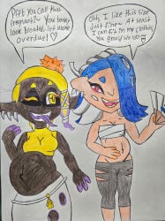 2girls 2pregnancy black_skin black_skinned_female blue_hair blue_hair_female busty busty_female dark_skin dark_skinned_female enjoying_pregnancy hand_on_pregnant_belly hyper_pregnancy inkling inkling_girl looking_at_viewer mayternity nintendo octarian octoling octoling_girl pregnant pregnant_belly shiver_(splatoon) splatoon splatoon_(series) traditional_media traditional_media_(artwork) yellow_hair yellow_hair_female
