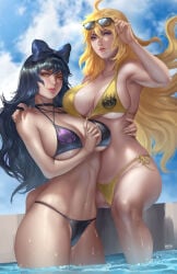 2girls alternate_version_available big_breasts bikini black_hair blake_belladonna blonde_hair blue_eyes brown_eyes cowboy_shot eyewear_on_head female female_only hi_res light-skinned_female light_skin long_hair looking_at_viewer nopeys outdoors parted_lips rwby sitting standing sunglasses sunglasses_on_head yang_xiao_long