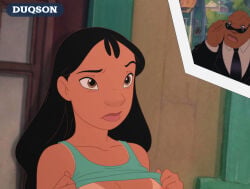 1boy 1girls duqson flashing_breasts lilo_and_stitch nani_pelekai tanline