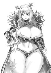 bikini black_and_white bob_cut brandish_mew breasts_bigger_than_head child_bearing_hips choker coat expecting giant_thighs hand_on_hip looking_at_viewer sketch solo_focus tattoo thegoldensmurf