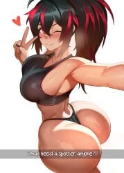 1girls armpits ass ass_bigger_than_head ass_focus big_ass big_breasts black_hair black_sports_bra blush blushing breasts bubble_butt curvy english_text fat_ass female glistening_body glistening_skin gym heart huge_ass huge_breasts large_breasts long_hair micro_thong multicolored_hair musk musk_clouds onepen peace_sign ponytail presenting red_eyes red_streaks selfie smiling snapchat solo sports_bra sportswear sweat sweaty sweaty_ass sweaty_body sweaty_butt teasing text thick_thighs thong underwear wide_hips winking_at_viewer zenless_zone_zero zhu_yuan