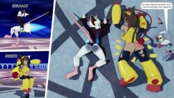 3d ass_exposed ass_exposure ass_focus blaster brown_fur brown_hair burnt_clothes coat coat_only cyclops dizzy fight fire hiderlink20 hurt kaboodle_(gameoverse) kit_(gameoverse) kit_bodega koikatsu lying_on_stomach mina_the_hollower spike_ball torn_clothes white_fur