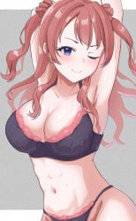 ;) abs arms_up black_bra black_panties blue_eyes blush border bra breasts brown_hair cleavage closed_mouth collarbone commentary_request gakuen_idolmaster grey_background hanami_saki highres idolmaster long_hair looking_at_viewer medium_breasts navel one_eye_closed panties red_hair sidelocks simple_background smile standing underwear white_border zhi_(papercraft8559)