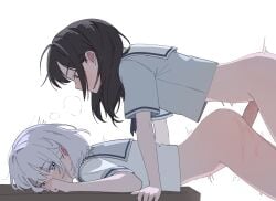 2girls bang_dream! bang_dream!_it's_mygo!!!!! black_hair blue_eyes blue_shirt blush bottomless breasts chinese_commentary commentary_request futa_with_female futanari kaname_raana long_hair looking_at_another mole mole_under_eye multiple_girls penis pokoroo09637184 purple_eyes sailor_collar sex shiina_taki shirt short_sleeves simple_background sweat white_background white_sailor_collar yellow_eyes