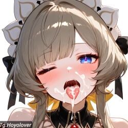 1girls ai_generated cum_in_mouth cum_on_face cute_face face_focus genshin_impact open_mouth sandrone_(genshin_impact) simple_background white_background