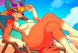 ai_generated animal_crossing anthro audie_(animal_crossing) beach big_breasts bikini blonde_hair blue_clothing blue_eyes bottomless breasts canid canine canis chair clothed clothing day eyewear eyewear_on_head female female_anthro fur furniture hair hat headgear headwear looking_at_viewer mammal nintendo orange_body orange_fur outside sea seaside siren_the_scream_tail sky smile solo sunglasses sunglasses_on_head swimwear thick_thighs two-piece_swimsuit water wolf