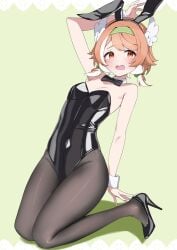 1girl bare_arms bare_shoulders black_heels black_leotard black_tights blushing bow bowtie colored_inner_hair commission dai00888 detached_collar detached_cuffs embarrassed fake_rabbit_ears feathered_wings green_bow green_hairband hairband head_wings heart-shaped_pupils heels indie_virtual_youtuber indie_vtuber leotard looking_at_viewer mouth_open official_alternate_hairstyle pillowdear pink_eyes pink_hair playboy_bunny playboy_bunny_leotard short_twintails simple_background skeb_commission tights two-tone_hair wings
