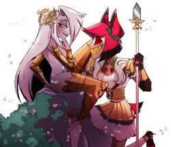 1boy 1girls alastor_(hazbin_hotel) angel armor breasts deer_boy demon demon_boy duo enemies_to_lovers fallen_angel female grey-skinned_female grey_skin hair hazbin_hotel humanoid humanoid_female humanoid_male humanoid_only long_hair male male/female nipples open_mouth open_smile partially_clothed red_hair sharp_teeth simple_background smile straight teeth thick_thighs vaggie_(hazbin_hotel) very_long_hair weapon white_hair