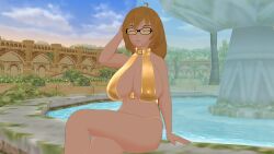 1girls 2022 3d bikini braided_hair braided_ponytail breasts brown_hair dark-skinned_female fountain glasses golden_bikini large_breasts long_hair navel professor_rumpole rwby shortstack sitting theblackbirdcalls