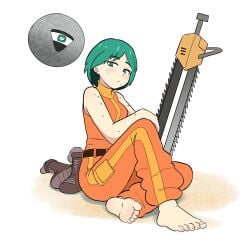 1girls absurdres barefoot beauty_mark blush blushing boots_removed chainsaw cute_female_feet feet female_focus female_only foot_fetish foot_focus foot_play foot_worship green_eyes green_hair highres looking_at_viewer motorslice orange_outfit orb_robot p_(motorslice) presenting_feet showing_feet socks_removed soles soles_fetish solo_female sweaty_feet taterdouce toes tomboy video_game_character white_background
