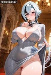 1girls ai_generated arlecchino_(genshin_impact) big_ass big_breasts dress genshin_impact hips huge_hips huge_thighs showing_pussy thighs