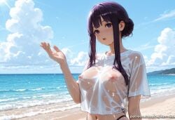 1girl ai_generated bangs beach blue_sky blush breasts cloud covered_nipples day fern_(sousou_no_frieren) hair_bun kermixx large_breasts long_hair looking_at_viewer navel nipples ocean open_mouth outdoors purple_eyes purple_hair see-through shirt short_sleeves sidelocks sky solo sousou_no_frieren swimsuit upper_body wet wet_clothes wet_shirt white_shirt