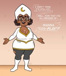 1girls alternate_version_available big_breasts breasts brown_eyes brown_hair brush_pen_ten camila_noceda cleavage clothing ear_piercing earrings english english_text eyewear female female_only footwear full_body glasses hair hat headwear hips huge_breasts mature mature_female mature_woman milf mother socks solo solo_female speech_bubble sweat sweatdrop text the_owl_house tight_clothing white_socks wide_hips