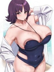 1girls areola_slip areolae big_breasts breasts brown_eyes cleavage coat female female_only hair hand_behind_head huge_breasts labcoat mature mature_female moisture_(chichi) necklace neckwear object_between_breasts philena_ivy pokemon pokemon_(anime) purple_hair purple_swimsuit short_hair solo solo_female sweat sweatdrop swimsuit swimwear thighs