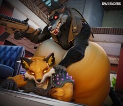 2boys 3d 3d_(artwork) anal anal_sex anthro ass ass_focus big_ass blender claws diorenders dire_(fortnite) dumptruck_ass epic_games fennix_(fortnite) fortnite furry huge_ass hyper_ass male male/male male_only penetration_from_behind plump_ass video_game_character weapon
