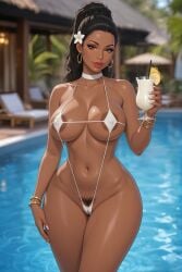 1girls ai_generated areola_peek bangle belly_button bikini black_female black_hair blurry_background bracelet brown_eyes cameltoe choker cleavage dark-skinned_female earrings eyelashes eyeshadow female female_only flower_in_hair holding_drink hoop_earrings hourglass_figure inner_sideboob large_areolae large_breasts lipstick looking_at_viewer lounge_chair mature_female micro_bikini midriff nail_polish narrow_waist nipple_bulge pelvic_line ponytail poolside practically_nude pubic_hair resort revealing_clothes rgomez007 seductive_look self_upload sideboob skimpy skimpy_clothes slight_smile sling_bikini slingshot_swimsuit smiling_at_viewer solo_female stable_diffusion standing swimming_pool swimsuit thick_eyelashes thick_lips thick_thighs tropical_drink underboob wide_hips