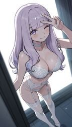 1girl ;) ai_generated arm_up azur_lane bangs bare_arms bare_shoulders blunt_bangs blush bra breasts brokewyt cheating choker cleavage closed_mouth collarbone cuckold garter_belt indoors lace_trim large_breasts lingerie long_hair looking_at_viewer one_eye_closed panties plymouth_(azur_lane) purple_eyes purple_hair smile solo standing thighhighs uncensored underwear underwear_only v white_bra white_choker white_panties white_thighhighs
