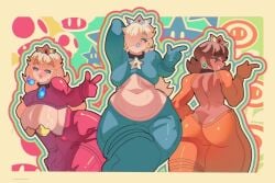 3girls bare_back belly big_ass big_belly blonde_female blonde_hair blue_eyes bodysuit brown_hair chubby chubby_female earrings elidan_art hair_covering_eye hanging_breasts huge_breasts lipstick nintendo plump princess_daisy princess_peach princess_rosalina stomach super_mario_bros. tanned tanned_female