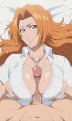 1boy 1girls ai_generated big_breasts bleach bleach:_the_thousand-year_blood_war female light_blue_eyes luminousfan1 male matsumoto_rangiku orange_hair paizuri penis rangiku_matsumoto tagme white_shirt