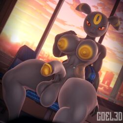 1futa alone anthro big_balls big_breasts big_butt big_nipples big_thighs black_skin classroom coel3d doggy_style futanari luna_(coel3d) merellyn on_fours pinup pokemon red_eyes solo sunset umbreon yellow_glans yellow_nipples