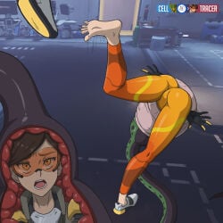 ass brown_hair cell_(dragon_ball) dragon_ball_z female female_prey imperfect_cell internal_view overwatch prey_shaped_bulge tagme tail_bulge tail_vore tracer vore yugerov