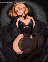 ai ai_animation ai_assisted ai_generated ai_video android_18 animated animation bebora blonde_hair blue_eyes breasts cape cleavage dragon_ball earrings female looking_at_viewer loop looping_animation lying on_back solo tagme thighhighs thighs video