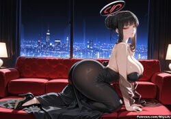 1girl ai_assisted ai_generated ass bangs bare_shoulders black_dress black_hair black_legwear blue_archive blunt_bangs breasts cleavage curvaceous curvy curvy_female curvy_figure dress earrings female hair_bun high_heels indoors jewelry large_breasts long_hair looking_at_viewer miyuai night night_sky pantyhose parted_lips red_eyes rio_(blue_archive) sidelocks sky smile solo thick thick_ass thick_butt thick_hips thick_legs thick_thighs thighs voluptuous voluptuous_female wide_hips wide_thighs