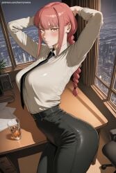 1girl ai_generated arms_behind_head arms_up bangs black_neckwear black_pants blush braid braided_ponytail breasts collared_shirt hi_res high_quality high_resolution indoors large_breasts long_hair long_sleeves looking_at_viewer makima_(chainsaw_man) necktie office_lady pants patreon ringed_eyes savvyraexo seductive sexy shirt shirt_tucked_in solo uncensored watermark white_shirt yellow_eyes