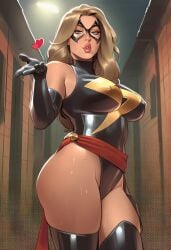 1girl ai_generated artist_name bare_shoulders black_gloves black_leotard black_thighhighs blonde_hair blowing_kiss blue_eyes breasts building carol_danvers clothing covered_nipples domino_mask elbow_gloves female female_only gloves hand_up highleg highleg_leotard impossible_leotard large_breasts legwear leotard lips long_hair looking_at_viewer marvel marvel_comics mask outdoors parted_lips phophopho puckered_lips pursed_lips red_sash sash solo superhero sweat thick_lips thick_thighs thighhighs thighs