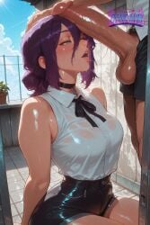 1girl ahegao ai_generated ass black_pantyhose bomb_devil bomb_devil_(chainsaw_man) breasts chainsaw_man collar completely_nude deurahh green_eyes highres imminent_anal imminent_fellatio imminent_oral imminent_orgasm imminent_penetration imminent_sex large_breasts leash lingerie looking_at_viewer naked_ribbon nipples no_panties nude pantyhose purple_hair pussy reze_(chainsaw_man) school_uniform short_hair smile solo stable_diffusion thighs torn_clothes