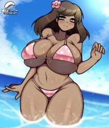 1girl beach bikini dark-skinned_female furisode_girl_(pokemon) furisode_girl_blossom paizuiri_(artist) pokemon pokemon_xy swimsuit