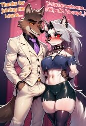 ai_generated boobs breasts bulge bulge_through_clothing bulge_under_clothes cocky69 comic_page crop_top english_text female fit fit_body fit_male gloves helluva_boss hi_res loona_(helluva_boss) male male/female mr._wolf_(the_bad_guys) sexy sexy_body sexy_female shorts suit text the_bad_guys tights wolf wolf_boy wolf_ears wolf_girl wolf_tail