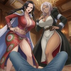 1boy 2girls ai_generated arrogant bad_bitch big_breasts blackroga boa_hancock crossover dark-skinned_female en'en en'en_no_shouboutai enen_no_shouboutai fire_force hibana hibana_(fire_force) light-skinned_female looking_down low-angle_view milf no one_piece pov princess princess_hibana sexy shouboutai thick_thighs voluptuous