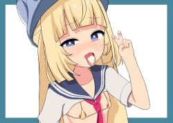 1girl 1girls bikini blonde_hair blue_border blue_eyes blue_headwear blue_sailor_collar blunt_bangs blush breasts bright_pupils clothing collarbone cum cum_in_mouth cum_on_tongue female female_only flat_chest gold_bikini hat hoyoverse long_hair looking_at_viewer micro_bikini mihoyo mihoyo_technology_(shanghai)_co._ltd. neckerchief necktie nipple_slip nipples norma_(zenless_zone_zero) norma_hollowell open_mouth outside_border red_necktie redpmb sailor_collar school_uniform serafuku short_sleeves shrug_(clothing) simple_background solo swimsuit tears tongue tongue_out upper_body v white_background white_border white_shirt yellow_bikini zenless_zone_zero