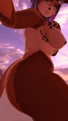 beach black_hair body_markings brown_fur camera_view completely_nude completely_nude_female furry furry_female glasses large_ass large_breasts looking_at_viewer nude nude_beach nude_female phone purple_highlights selfie solo solo_female solo_focus sunset vrcfemboy vrchat vrchat_avatar