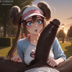 1boy 1girl ai_generated artist_name bangs blue_eyes blush bow bra_strap breasts bright_pupils brown_hair clothing collarbone dark-skinned_male dark_penis dark_skin double_bun doughnut_hair_bun erection female fingernails grass hair_bun hetero huge_penis interracial interspecies lamppost large_breasts large_penis long_hair looking_at_penis makeup male open_mouth outdoors patreon_username penis penis_awe pokemon raglan_sleeves rosa_(pokemon) shirt sky solo_focus sunset sweat teeth testicles tree twintails upper_teeth_only vantawaifu veins veiny_penis very_dark_skin visor_cap white_pupils