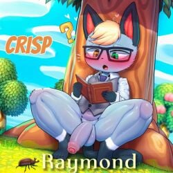 ai_generated animal_crossing anthro arthropod badendbat_(artist) balls beetle blonde_hair blue_genitals blush book bottomless bottomless_anthro bottomless_male clothed clothing day domestic_cat eyewear felid feline felis foreskin fur genitals glasses grass green_eyes grey_body grey_fur grey_genitals hair heart_symbol heterochromia humanoid_genitalia humanoid_penis insect male male_anthro mammal necktie nintendo open_mouth outside partially_retracted_foreskin penis plant question_mark raymond_(animal_crossing) shirt solo text topwear tree white_clothing
