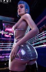 2hour2 3d 3d_(artwork) 3d_model 3d_render ass ass_focus blender blue_hair clothed clothed_female cyberpunk_2077 evelyn_parker latex latex_boots lips short_dress solo solo_female