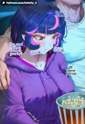 1boy 1boy1girl 1boy1girls 1girl 1girl1boy 1girls ai_generated b34sty_0 black_hair boobs breasts brown_eyes eat eating eating_food eyes face_focus faceless faceless_character faceless_male girl hair hand_on_another's_shoulder hand_on_shoulder hoodie juno_(overwatch) looking_at_side looking_down medium_boobs medium_breasts medium_tits movie movie_night multicolored_hair muscular muscular_male night overwatch overwatch_2 patreon pink_hair popcorn purple_hair purple_hoodie shirt short_hair side_by_side t-shirt tits watermark white_shirt white_t-shirt woman